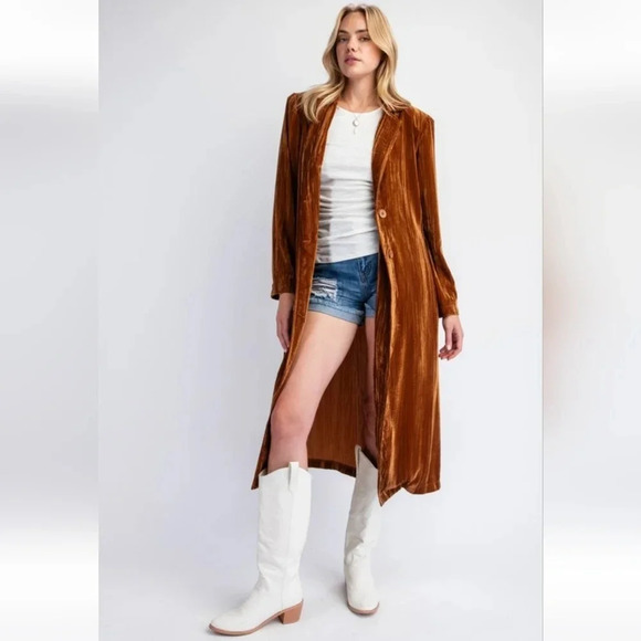 New Easel Camel Ice Velvet Maxi Coat - Picture 1 of 5